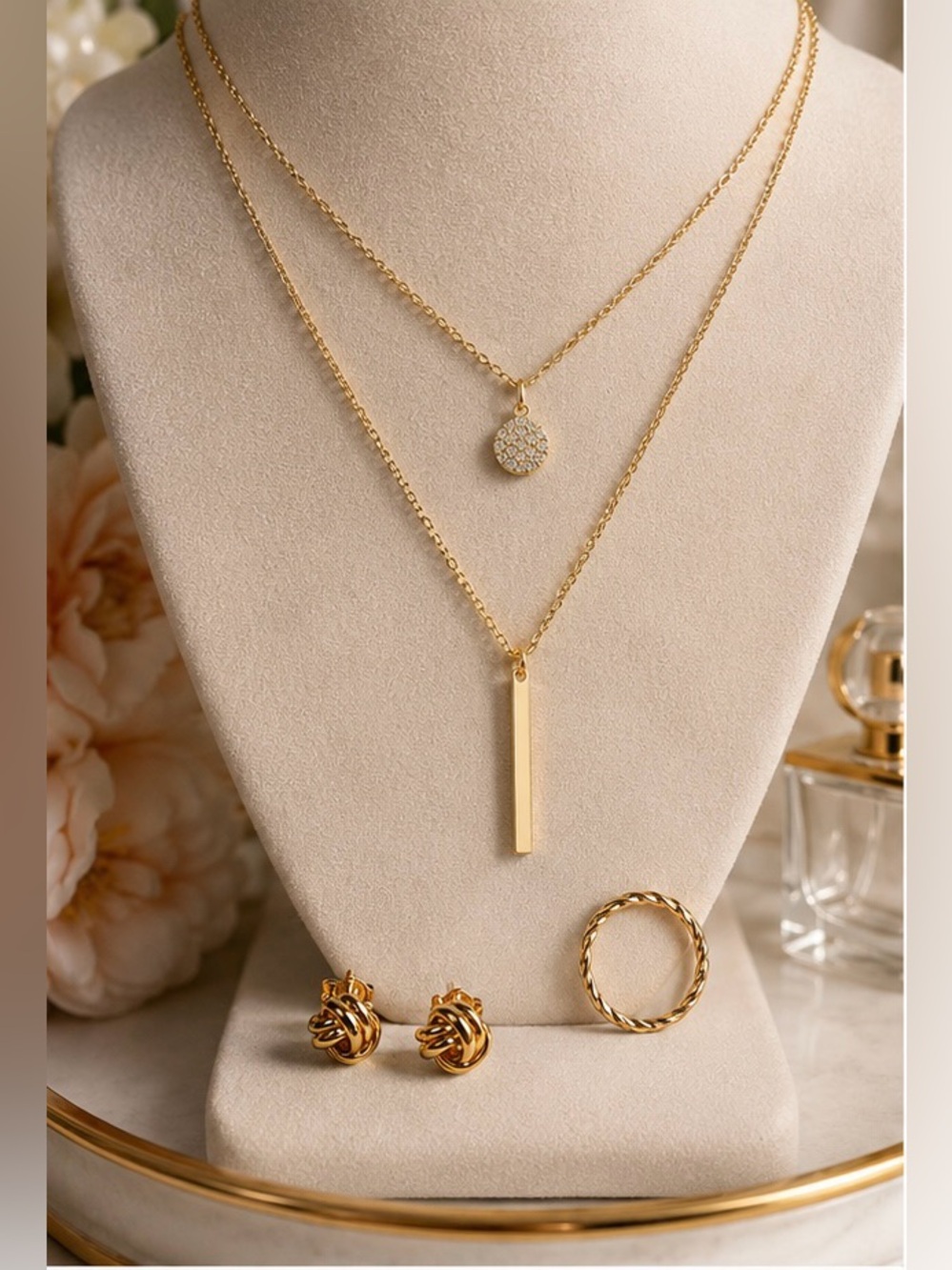 ✨Gold Finish Layered Necklace & Knot Studs (.925 Sterling) | Twisted Ring✨